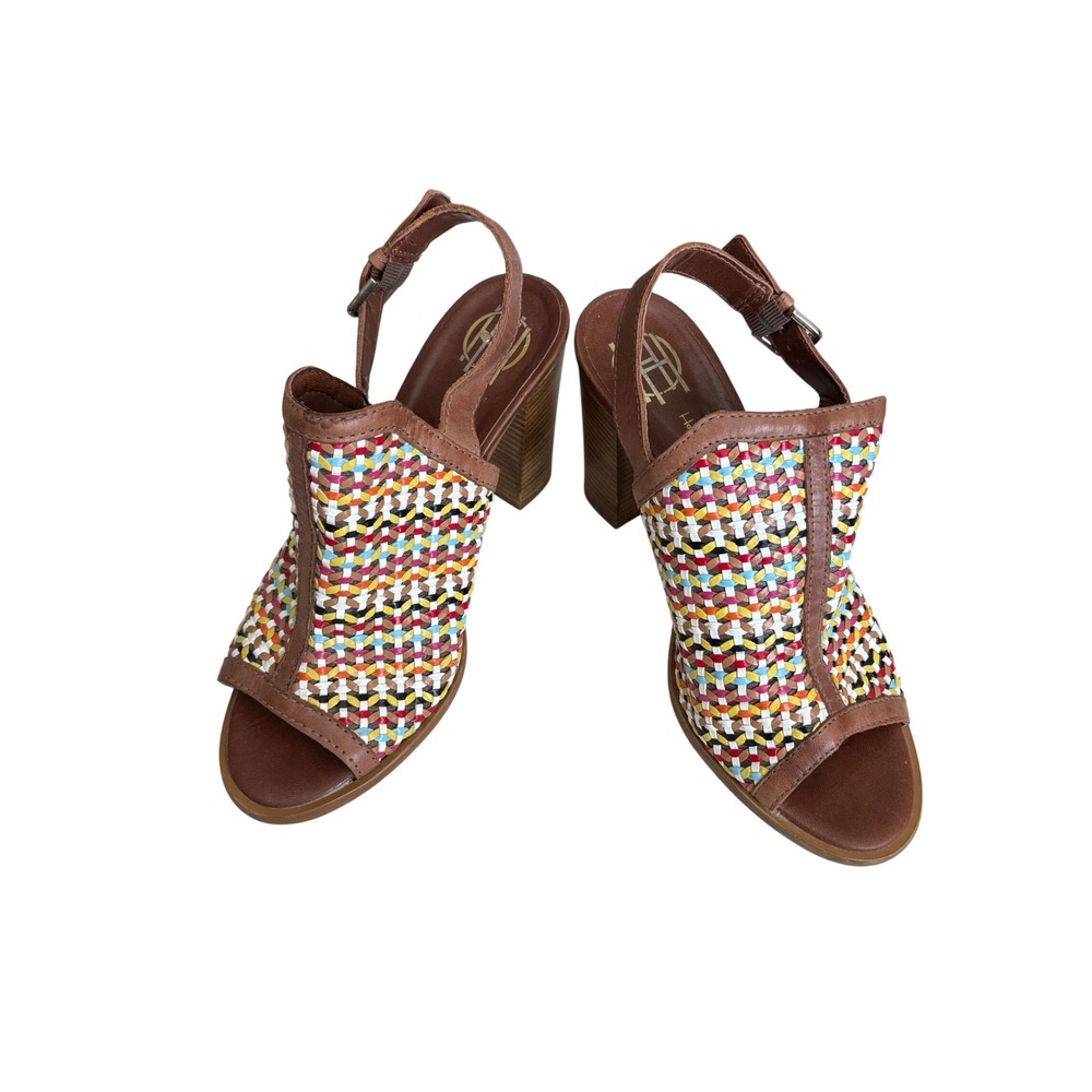House of Harlow 1960 Multi-Color Woven Leather Slingback Block‎ Heel Sandals 40
